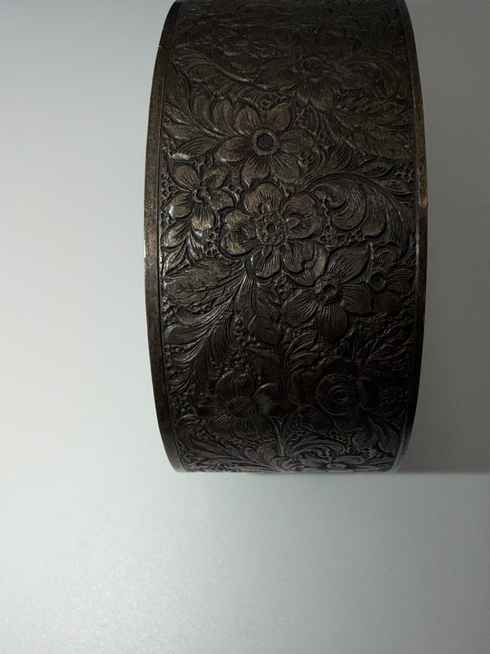 Vintage Floral Embossed Wide Cuff Bracelet Silver Tone